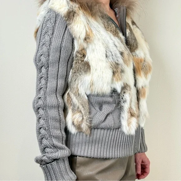 Rabbit Fur and Cable Knit Cardigan Jacket with Hood - Picture 5 of 15